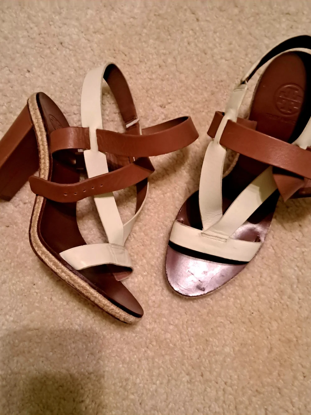 Tory Burch Two-Tone White and Brown Strappy Block Heel Sandal